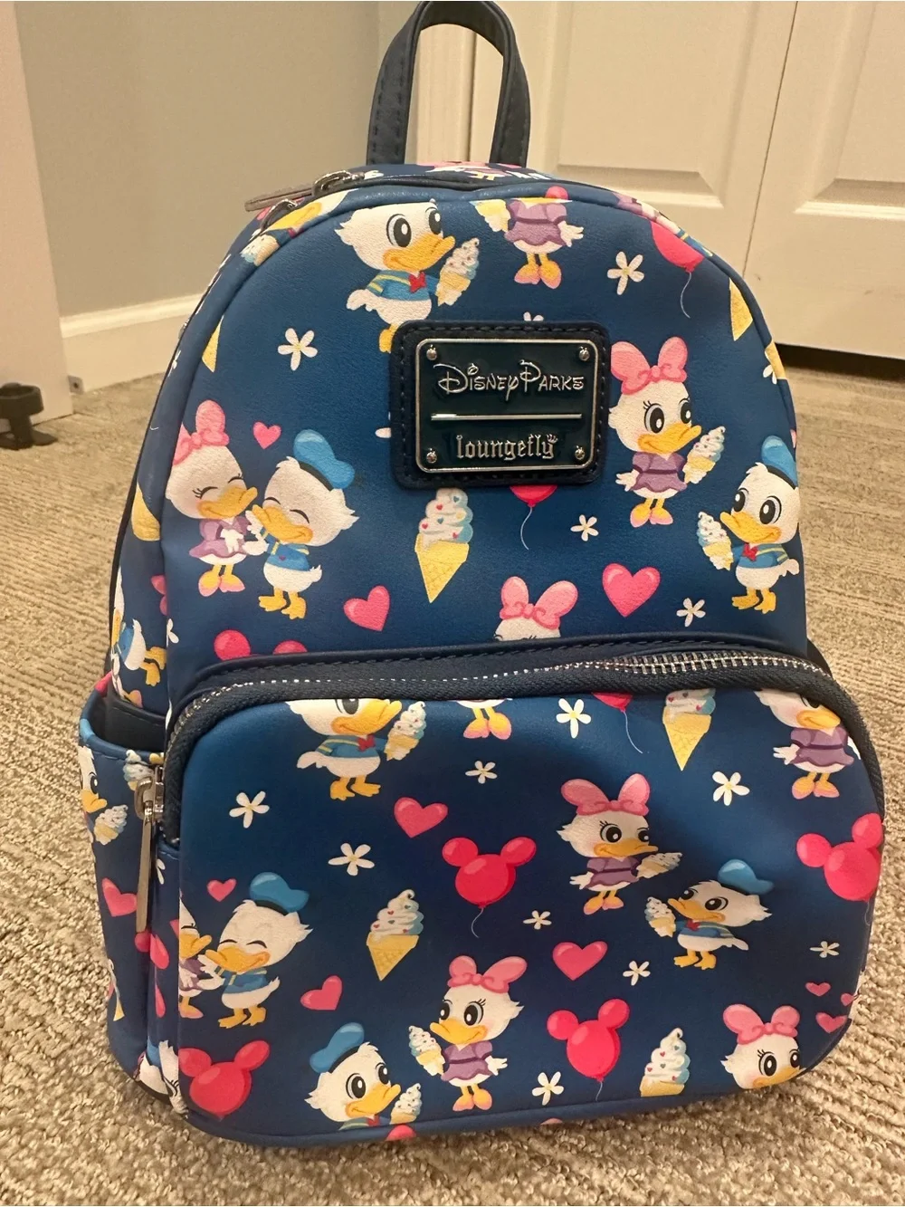 Disney Parks Loungefly Donald Daisy Ice Cream Mini Backpack Mickey Balloon Print